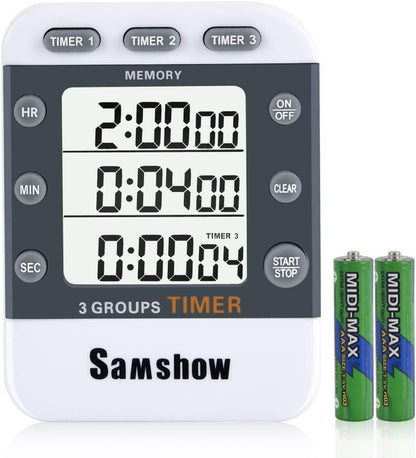 Digital Kitchen Timer Dual Timers 3 Channels Count UP/Down Cooking Timer Large Display, Adjustable Volume Alarm with Magnetic Back, Stand, Battery Included