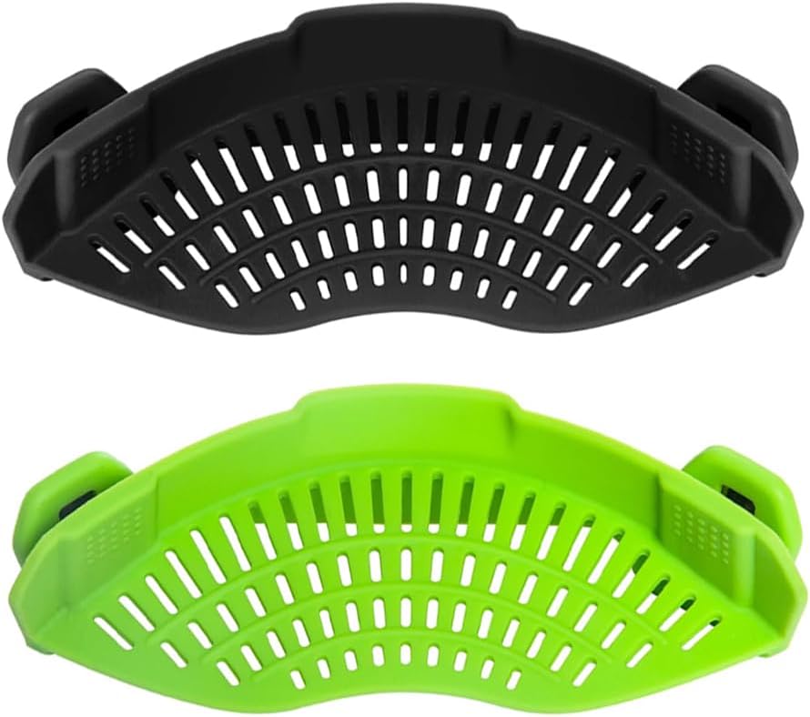 Clip‑On Pot Strainer Silicone Gray Dishwasher‑Safe Side‑Mount Design 9.4×4.6×2.5 Inches | Snap Drain Colander for Pans Bowls Skillets | Heat‑Resistant Kitchen Gadget Splash‑Guard