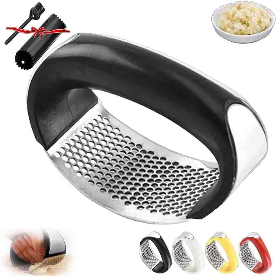 2026 New 430 Stainless Steel Ring Garlic Press – Heavy-Duty Garlic Rocker with Silicone Peeler & Cleaning Brush, Easy-Rinse Stainless Garlic Mincer Tool for Home Kitchens (Red)