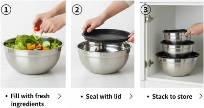 Mixing Bowls with Lids Set of 3 - Stainless Steel Nesting Bowls (1.5, 2.5, 5 QT) with Food-Grade TPE Lids, BPA-Free, Airtight & Durable for Baking, Meal Prep