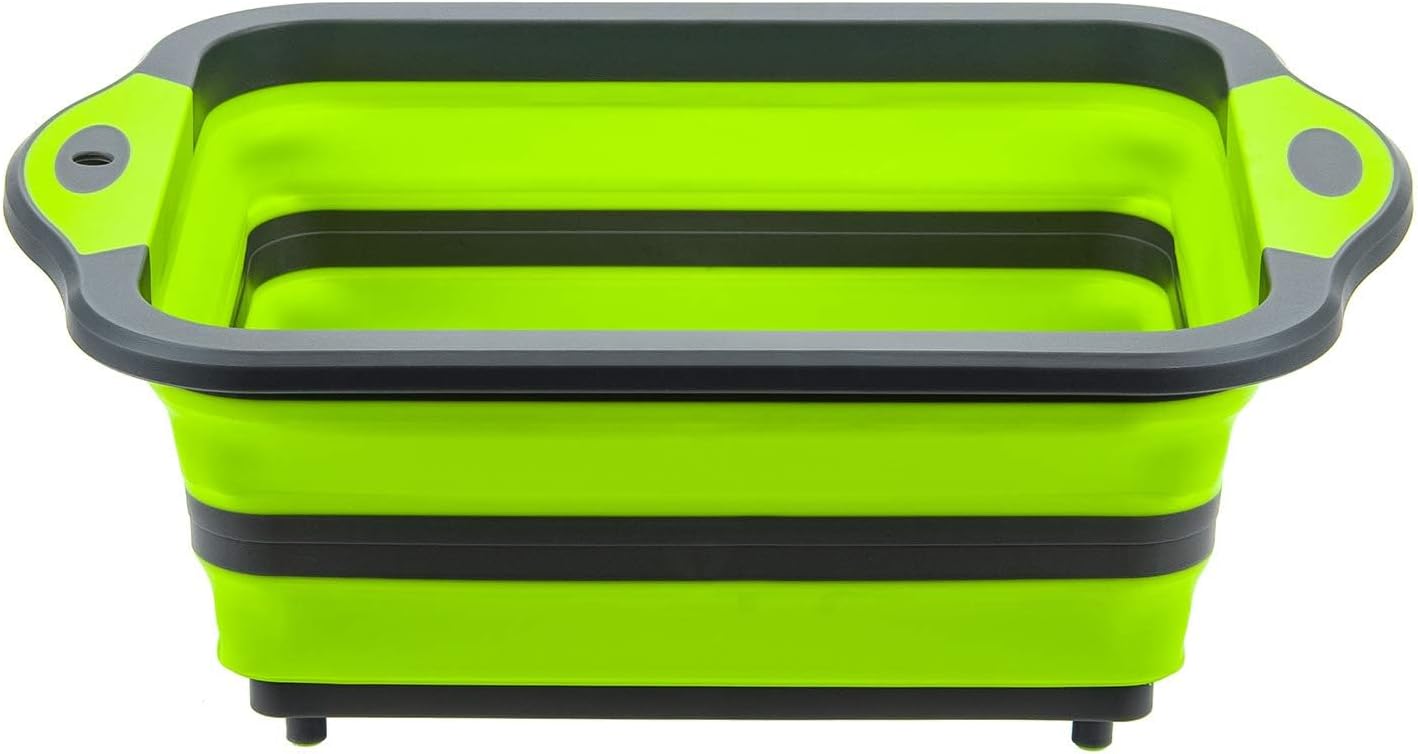Collapsible Cutting Board with Colander, Foldable Multi-function Kitchen Plastic Silicone Dish Tub, Fruits Vegetables Wash and Drain Sink Storage Basket (Green)