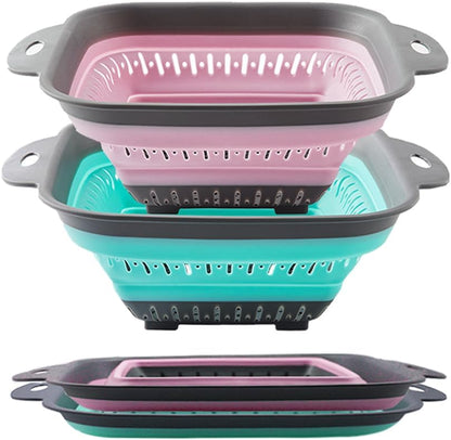 Collapsible Colander Set, Square Round Triangles Silicone Kitchen Strainer Perfect for Draining Pasta Vegetable fruit 2 PCS (10.8"L x 8.6"W x 2"H, Blue & Gray)