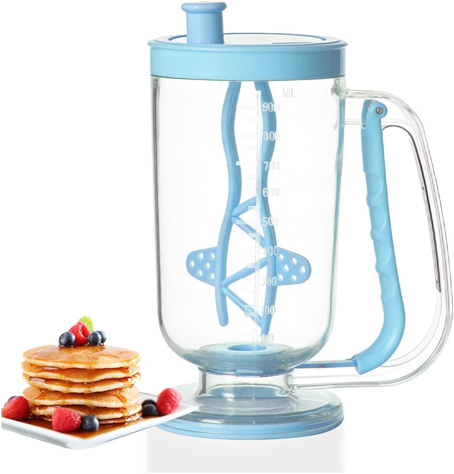 Pancake Batter Dispenser with Built-in Mixer Handle - No-Drip Handheld Funnel for Pancakes, Baking, Waffles, Cupcakes & Muffins - Easy Squeeze Baking Tool for Perfect Portions