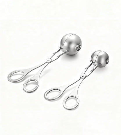 Stainless Steel Meatball Maker Tongs, 2-Pack Large and Small Kitchen Tool Set for Ice Cream Scoops, Rice Balls, Melon Balls, Silver Spring-Loaded Design with Ergonomic Handle, Standard Size