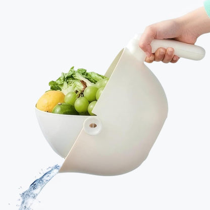 2-1 Kitchen Colander Rotating Washing Basket with Handle - Pasta Strainer - Fruit Washing Bowl with Strainer - Fruit Rinser Container (Avocado Green)