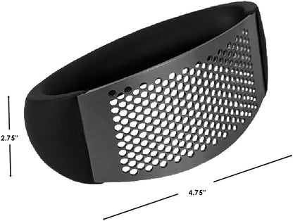 Home Basics Ergo Rust-Proof Stainless Steel Handheld Masher Rocker Press with Ergonomic Grip Arc Handle, Garlic Crusher Squeezer Slicer Mincer,Black, 4.75"x2.00"x2.75"