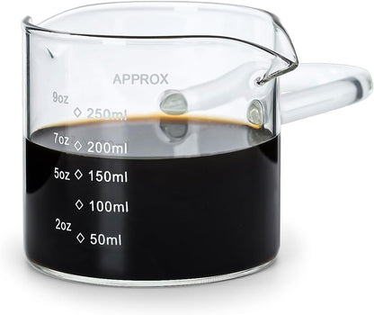 Measuring Cup, Espresso Glass with 9oz Capacity, Espresso Shot Cups in Coffee Bar Accessories, Milk Cup with Double Spouts (Transparent)