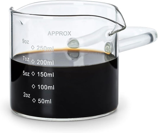 Measuring Cup, Espresso Glass with 9oz Capacity, Espresso Shot Cups in Coffee Bar Accessories, Milk Cup with Double Spouts (Transparent)