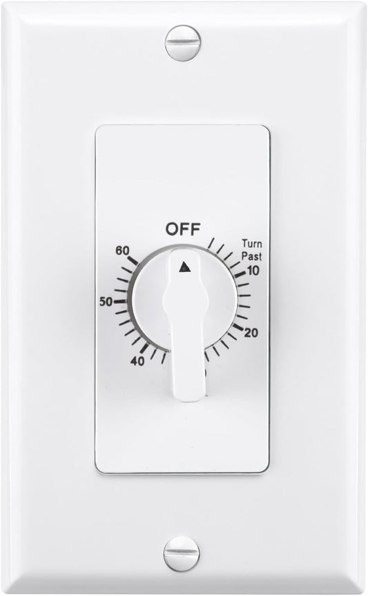 BN-LINK 60 Minute Spring Wound Bathroom Fan Timer Switch, Mechanical Countdown Light Switch Timer for Exhaust Fan & Lights, No Neutral Required, Wall Plate Included, ETL Listed, 1 Pack