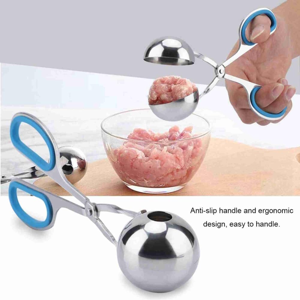 Steel Meatball Maker Tool - 7.5 Inch Food Scoop for Rice Balls, Cookie Dough and Melon Balling, Non-Stick Kitchen Utensil with Drain Holes(Blue)