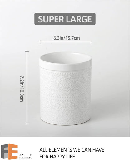 FUN ELEMENTS Kitchen Utensil Holder, 7.2" Super Large Utensil Crock Heavy and Stable Lace Emboss Ceramic Utensil Holder for Kitchen Counter (Bright White)