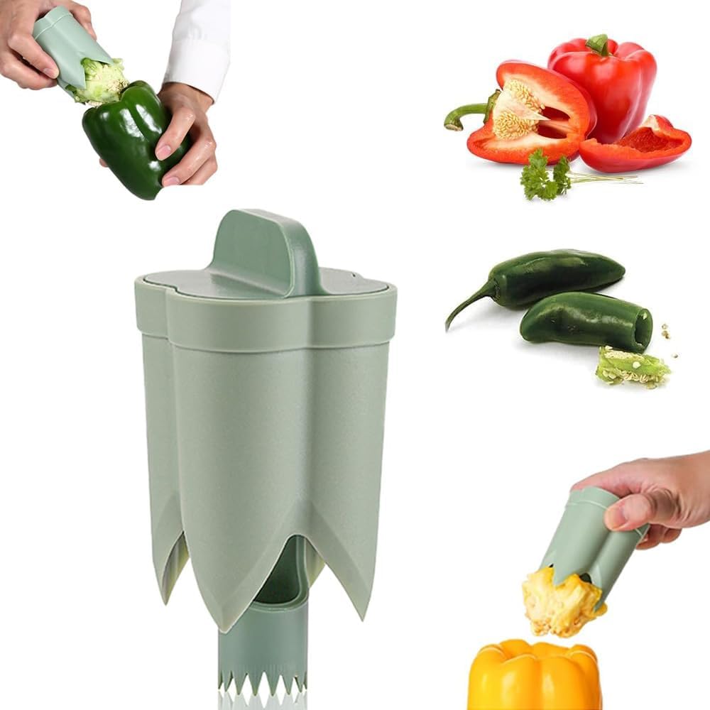 Pepper Seed Corer Remover, 2 in 1 Bell Pepper Cutter Pepper Porer Seed Remover Tool, Pepper Deseeder Bell Pepper Corer Tool Pepper Cutter for Vegetables Kitchen Gadget (Beige)