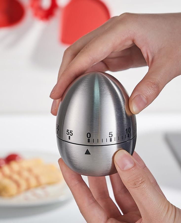 Stainless Steel Kitchen Timer Egg – Accurate Countdown Timer for Cooking, Metallic Silver Egg Shape, with Dual-Language Manual (English & Chinese)