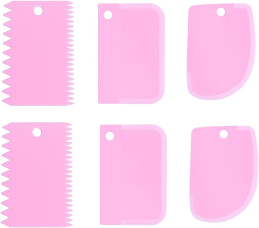 Dough Scraper Bench Scraper Dual Sided Comb Curved Flat Cake Scraper Tool,Decorating Comb,Plastic Sawtooth, 6Pcs, 4.7x3.4",Pink; for Baking,Non-Slip Bakeware Decorating Tools Sculpting&Modeling Tools