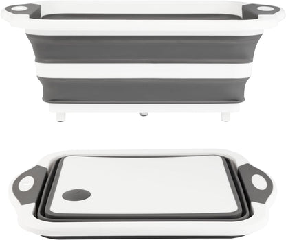 Collapsible BBQ Prep Tub/Cutting Board 10L, Foldable Dish Tub with Colander, Portable Camping Sink, Multifunction Dishing Basin Bucket Wash Tub for Kitchen Fruit Vegetable Picnic (Orange)