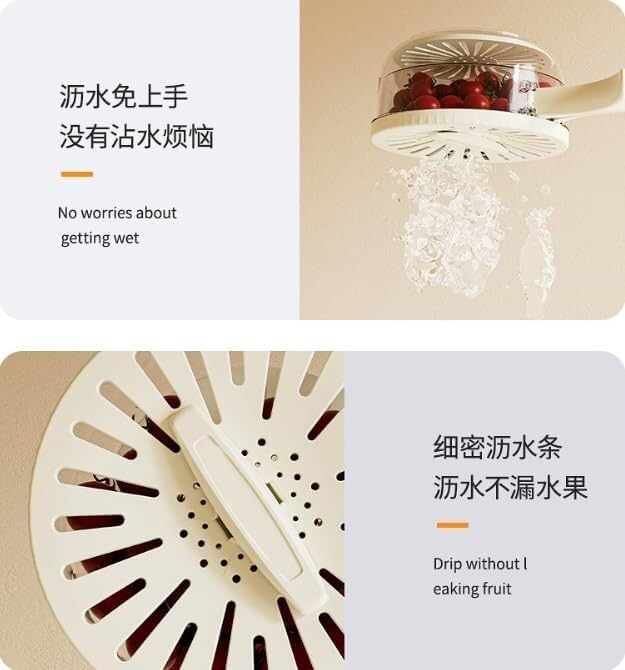 Quick Drain Fruit and Vegetable Washer Bowl with Lid, Clear Glass Container, White Perforated Cover