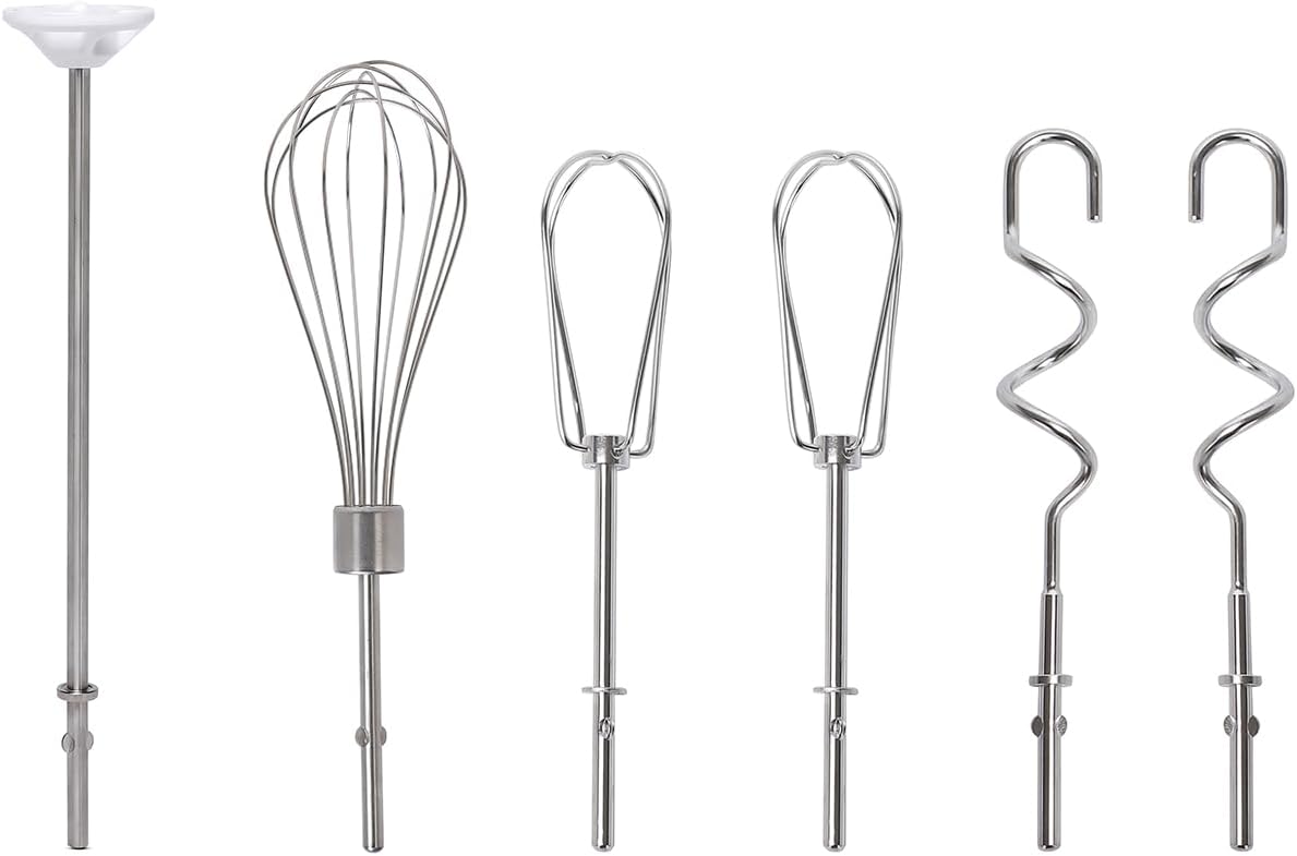 Handheld Mixer Attachments, Stainless Steel Beater Whisk Blending Rod & Dough Hooks, Replacement Compatible with KitchenAid Hand Mixers KHM3 KHM5 KHM7 KHM9, 6-Piece