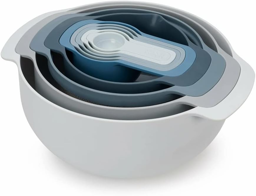 Joseph Joseph Nest 9 Plus, 9 Piece Compact Food Preparation Set with Mixing Bowls, Measuring cups, Sieve and Colander, MultiColor