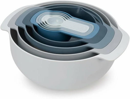 Joseph Joseph Nest 9 Plus, 9 Piece Compact Food Preparation Set with Mixing Bowls, Measuring cups, Sieve and Colander, MultiColor