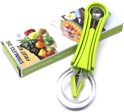 Melon Baller Scoop Set, Professional 4 In 1 Stainless Steel Watermelon Cutter Fruit Carving Tools Set, Fruit Scooper Seed Remover Watermelon Knife for Vegetable, Salad, Ice Cream (Green)