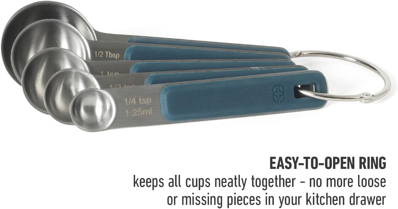 Calphalon Prime Measuring Spoons, Plastic Measuring Spoon Set, 5-Piece Stainless Steel Measuring Spoons Navy Silicone Handle Accurate, Durable for Spices and Small Portions
