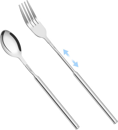 2 PCS Extendable Spoon, Telescopic Stainless Steel Spoon Set, Expandable Extension Spoon to 25 In Tableware, for BBQ Dinner Fruit Dessert