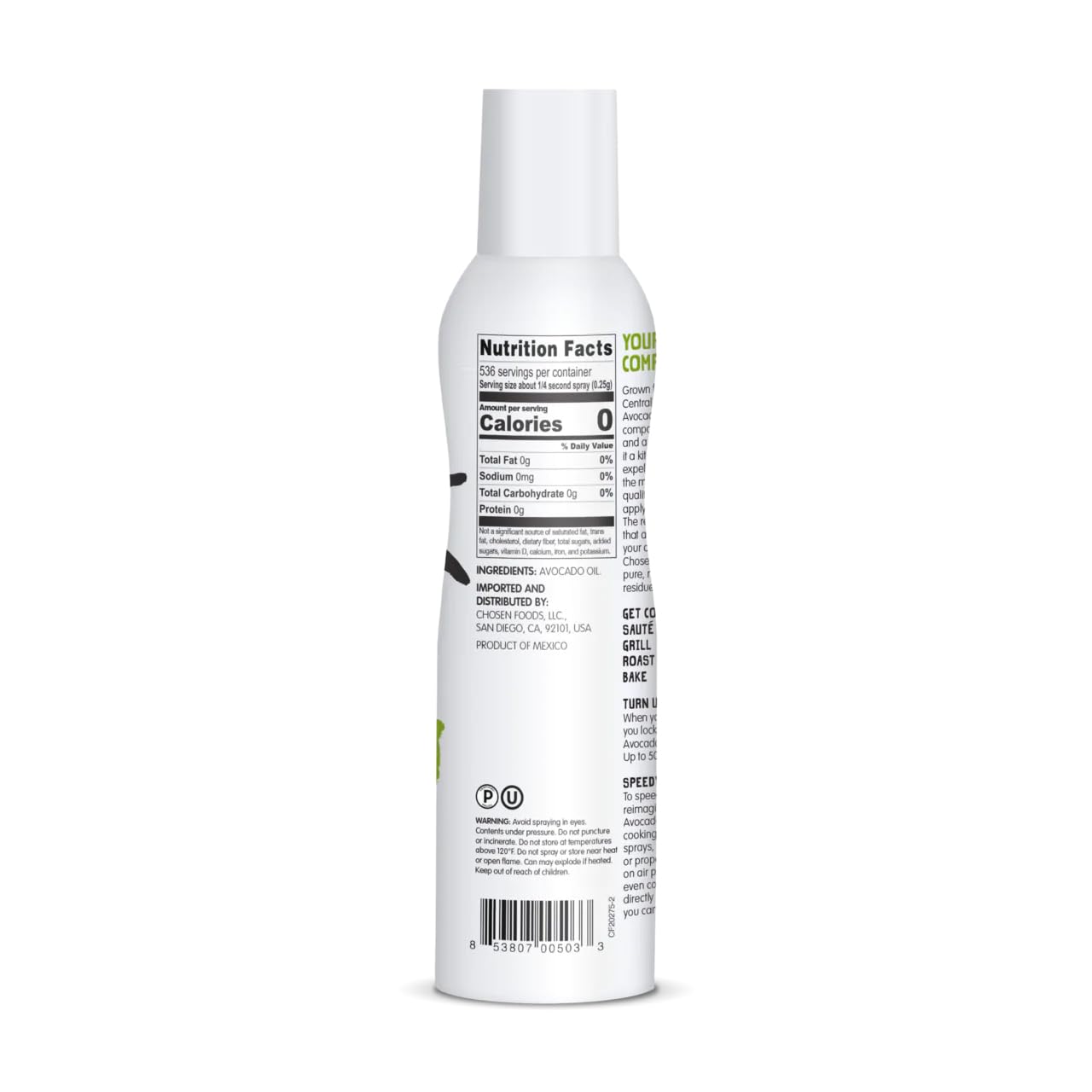 Chosen Foods 100% Pure Avocado Oil Spray 4.7 oz. (1 Pack), Non-GMO, 500°F Smoke Point, Propellant-Free, Air Pressure Only for High-Heat Cooking, Baking and Frying