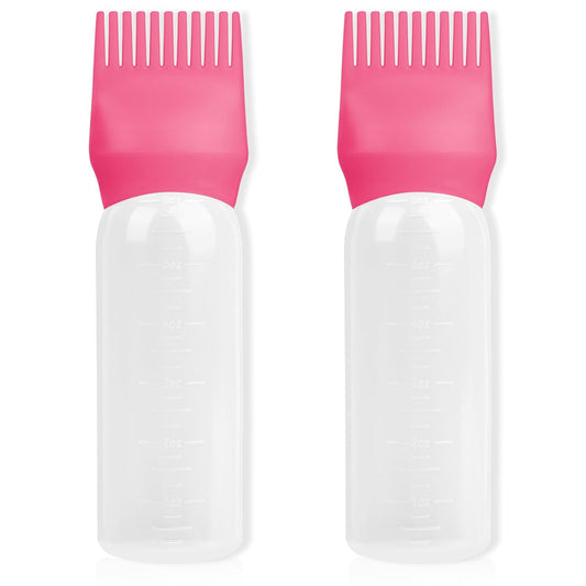 2Pack Root Comb Applicator Bottle - 6 Oz Hair Oil Applicator, Dye Bottle Tools with Oil Dispenser & Root Comb Brush - Pink