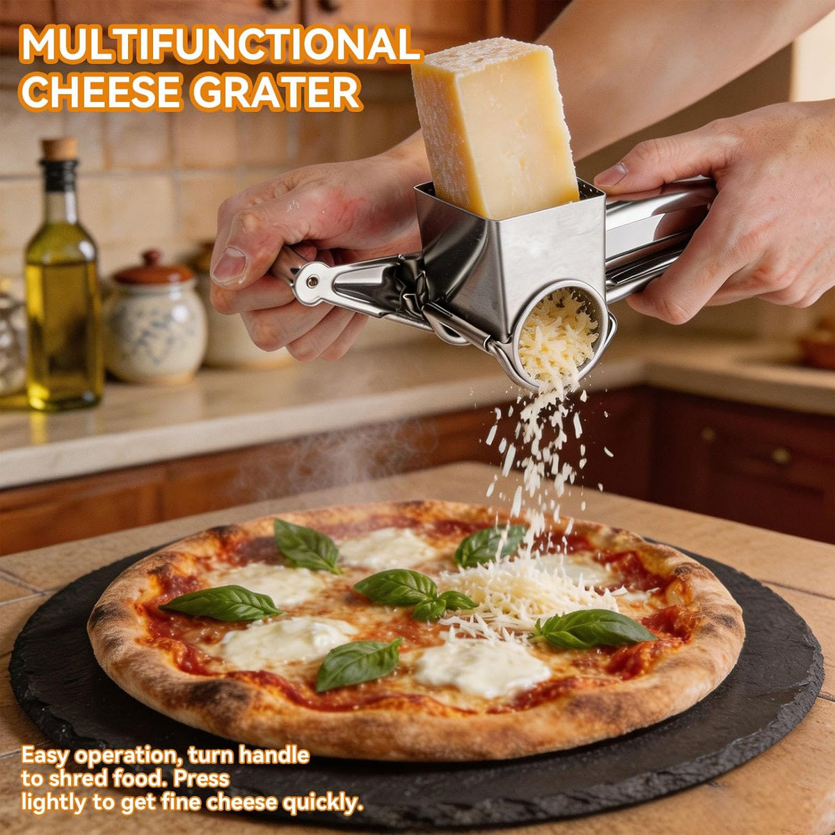 Stainless Steel Single Drum Rotary Cheese Grater, Multipurpose Rotary Cheese Grater with 3 Different Rotatable Drums for Parmesan, Mozzerella, Vegetables and More