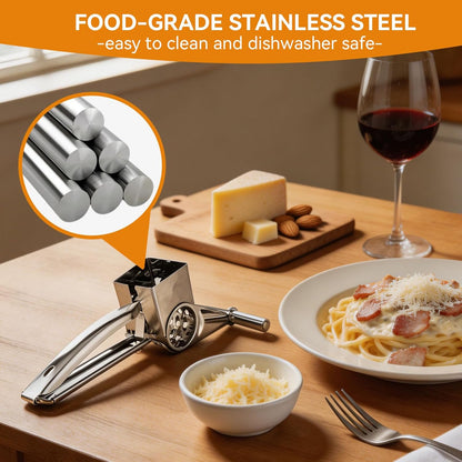 Stainless Steel Single Drum Rotary Cheese Grater, Multipurpose Rotary Cheese Grater with 3 Different Rotatable Drums for Parmesan, Mozzerella, Vegetables and More