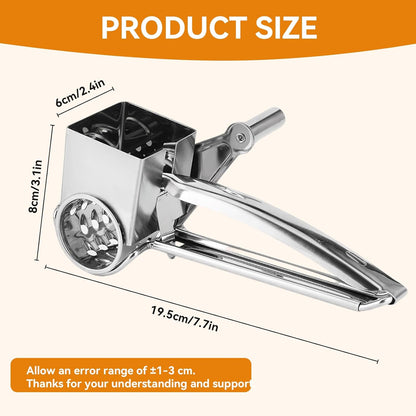 Stainless Steel Single Drum Rotary Cheese Grater, Multipurpose Rotary Cheese Grater with 3 Different Rotatable Drums for Parmesan, Mozzerella, Vegetables and More