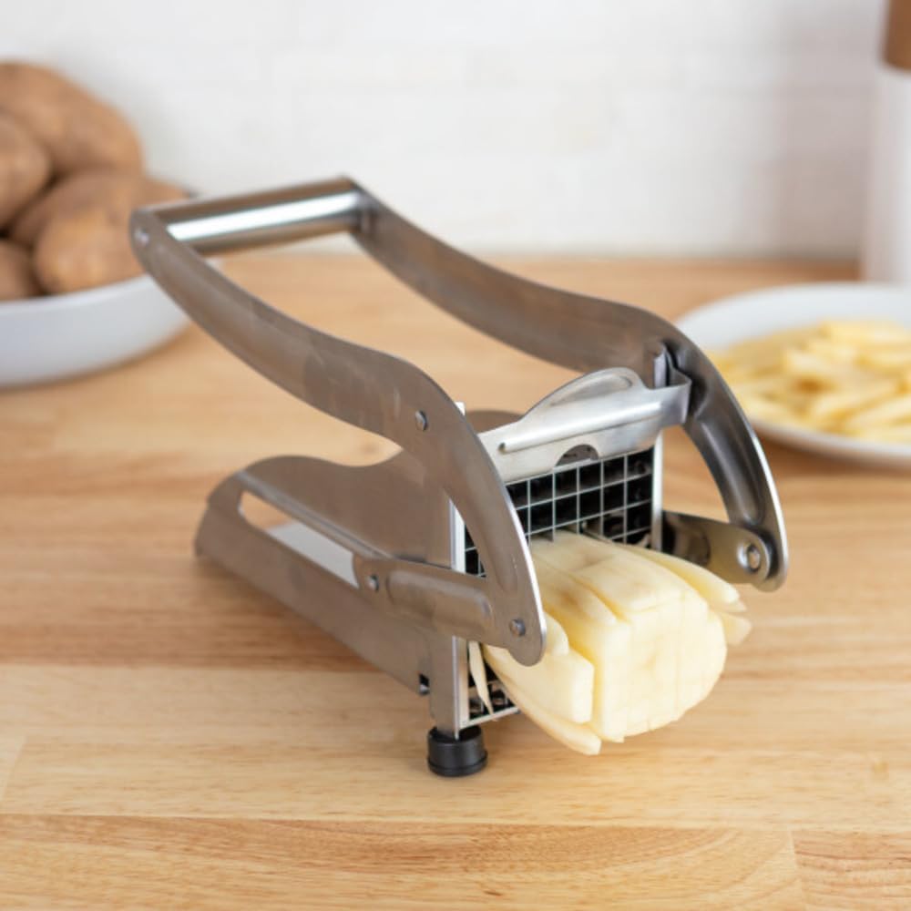 French Fry Cutter - Potato Cutter with Two Blades for Steak and Shoestring Cuts - Stainless Steel Potato Slicer with Non-Slip Suction Cups - Cooking Gadgets by Classic Cuisine