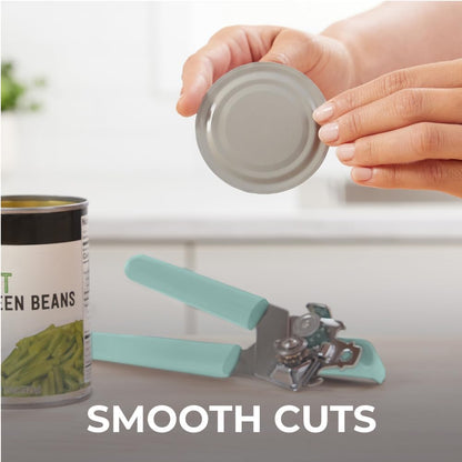 Kitchen Genie Slip Resistant Stainless Steel Manual Can Opener, Sharp Blade for Smooth Edge Cuts, Easily Open Cans, Ergonomic Handles with Easy to Turn Knob, Built-In Bottle Openers, Pitch Black