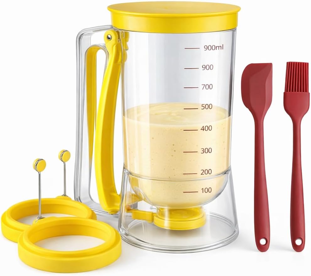 Pancake Batter Dispenser Kit with Pancake Rings, Silicone Spatula Butter Brush, Batter Dispenser Pancake Dispenser for Perfect Pancakes, Cupcake Batter Dispenser, Easy No-Mess Family Breakfast Set