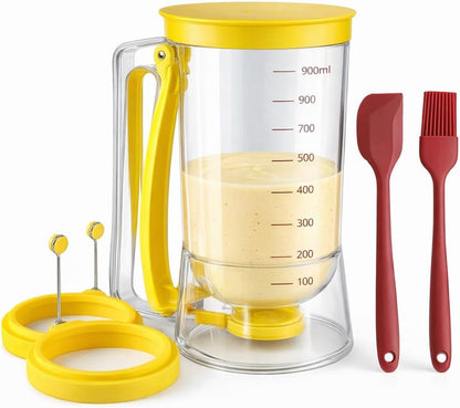 Pancake Batter Dispenser Kit with Pancake Rings, Silicone Spatula Butter Brush, Batter Dispenser Pancake Dispenser for Perfect Pancakes, Cupcake Batter Dispenser, Easy No-Mess Family Breakfast Set