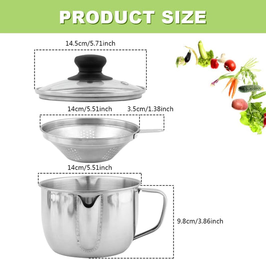 Stainless Steel Fat Separator with Strainer & Glass Lid, 1000ml Gravy Grease Separator for Soup, Stew, and Sauces,Two-Way Outlet, Multi-Use Kitchen Essential