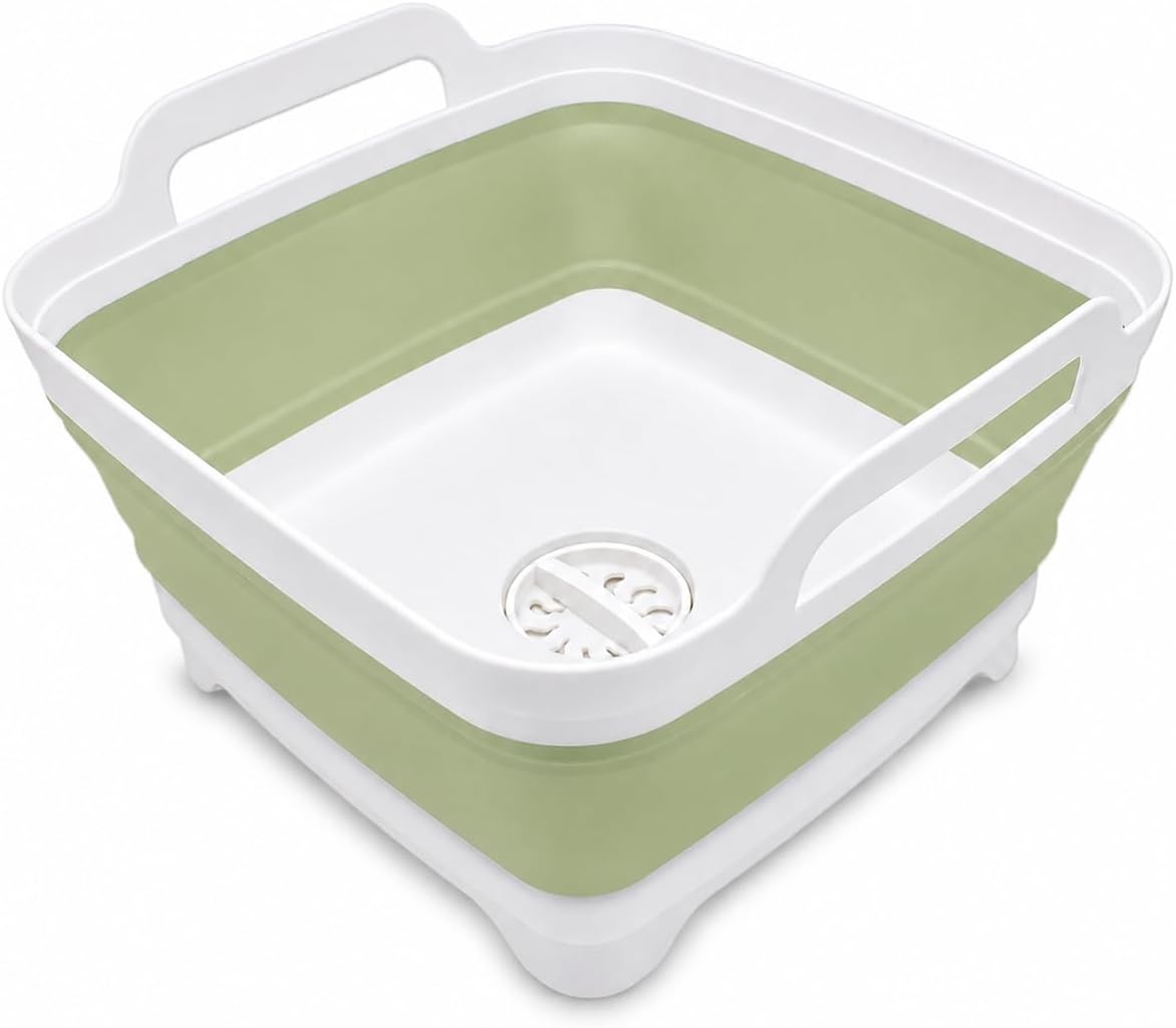 2.4 Gal(9L) Collapsible Dish Basin with Drain Plug, Space Saving Outdoor Multiuse Foldable Sink Tub, Dishpan, Kitchen Storage Tray for Camping, Vegetable Washing, RV (Gray)