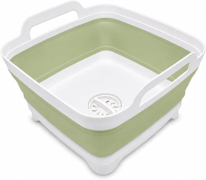 2.4 Gal(9L) Collapsible Dish Basin with Drain Plug, Space Saving Outdoor Multiuse Foldable Sink Tub, Dishpan, Kitchen Storage Tray for Camping, Vegetable Washing, RV (Gray)