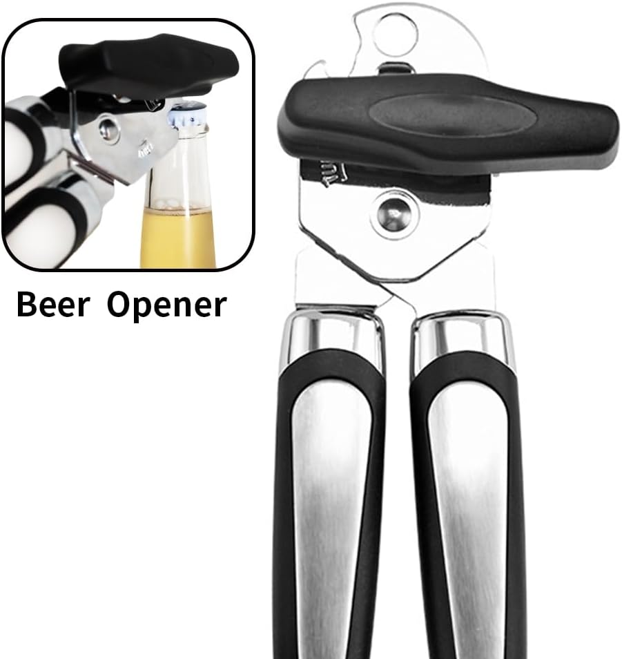 Can Opener Manual,Stainless Steel Smooth Edge Can Opener with Big Effort-Saving Knob, Soft Touch Handle, Built in Bottle Opener,Includes Complimentary Jar Opener