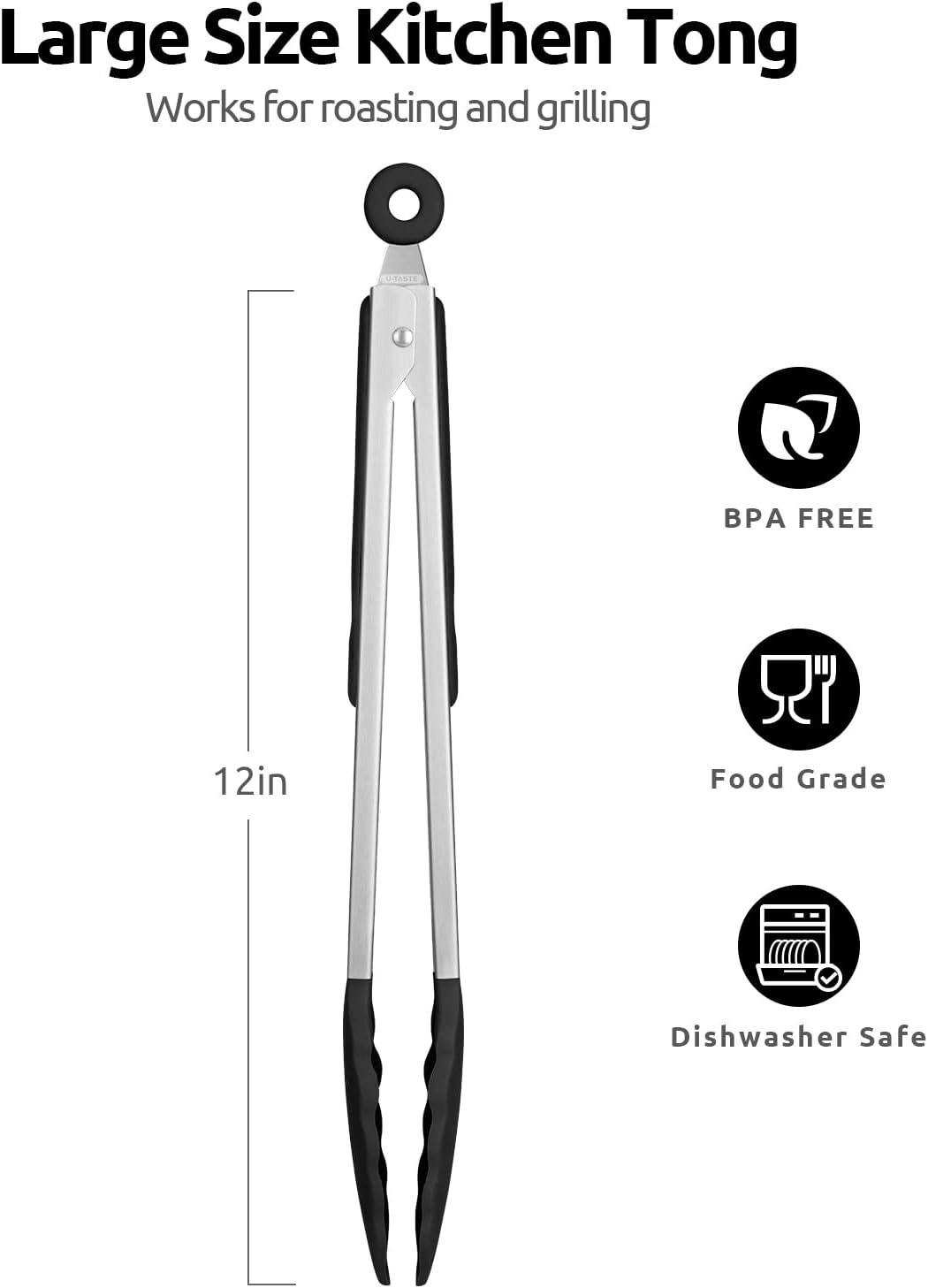 600ºF Heat Resistant Kitchen Tongs: U-Taste 9 inch Silicone Cooking Tong with Firm Sealed Non Stick Rubber Tips & Silicon Coated 18/8 Stainless Steel Handle & Smooth Locking for Serving Salad (Black)