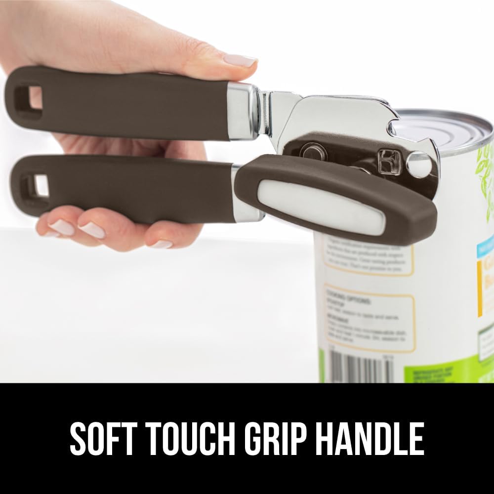 GORILLA GRIP Heavy Duty Stainless Steel Smooth Edge Manual Can Opener and Bottle Openers, US Designed, Soft Comfortable Handle, Oversized Handheld Turn Knob, Multifunctional Kitchen Tool, Black