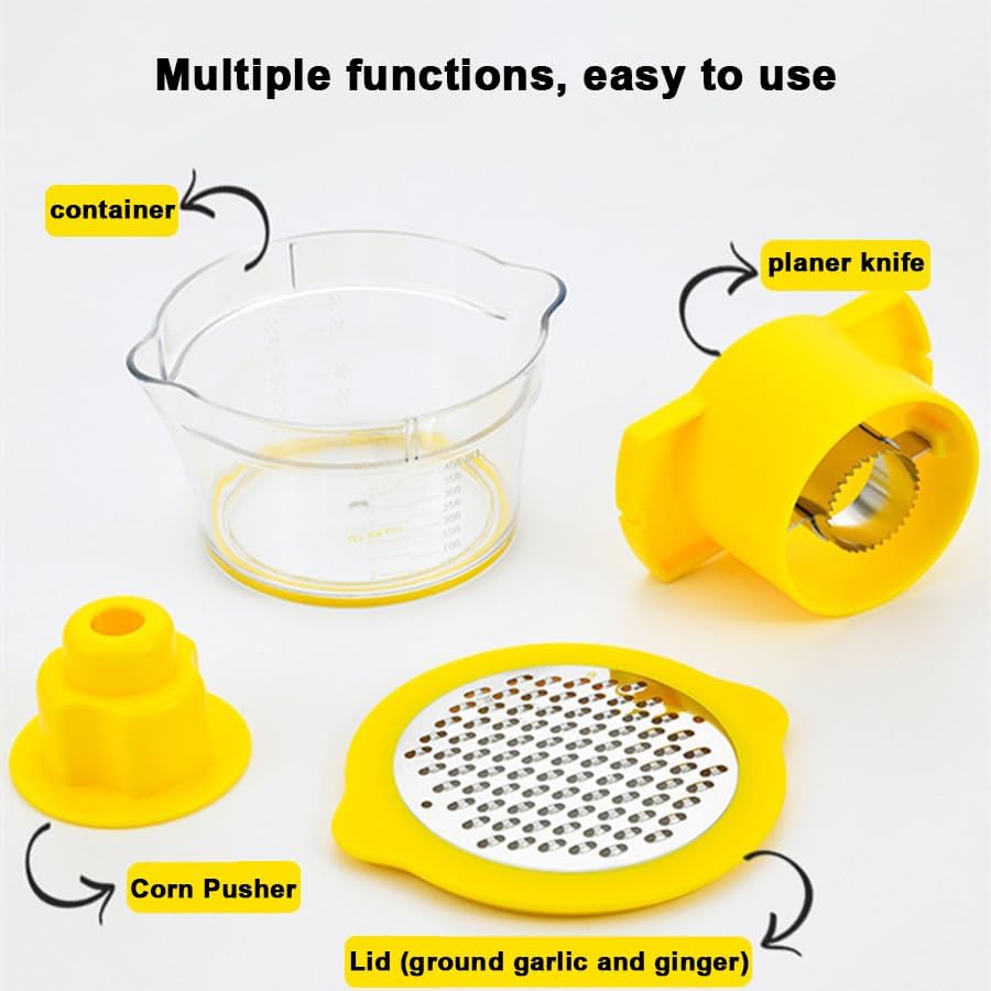 Corn Cob Stripper Tool with Bowl & Comfort Grip - 2-in-1 Kernel Cutter and Grater for Garlic Ginger, Corn Peeler and Grinder Set with Container, Easy Corn Kernel Remover