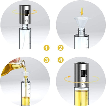 Oil Sprayer for Cooking, 100ml Food-Grade 304 Stainless Steel & BPA-Free Glass, Leakproof Oil Mister with Silicone Basting Brush, Funnel & Cleaning Brush, Suitable for Air Fryer, BBQ, Baking, Salad