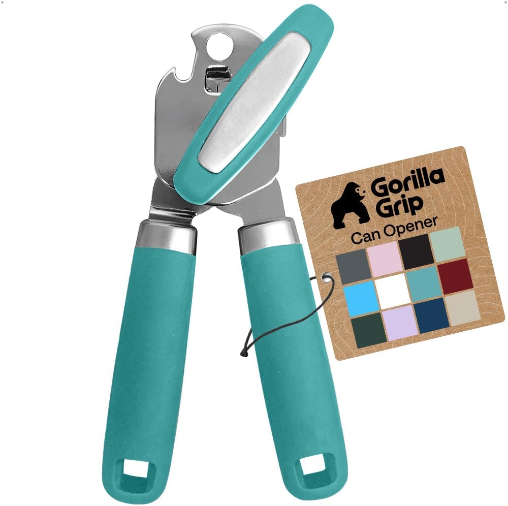 GORILLA GRIP Heavy Duty Stainless Steel Smooth Edge Manual Can Opener and Bottle Openers, US Designed, Soft Comfortable Handle, Oversized Handheld Turn Knob, Multifunctional Kitchen Tool, Black