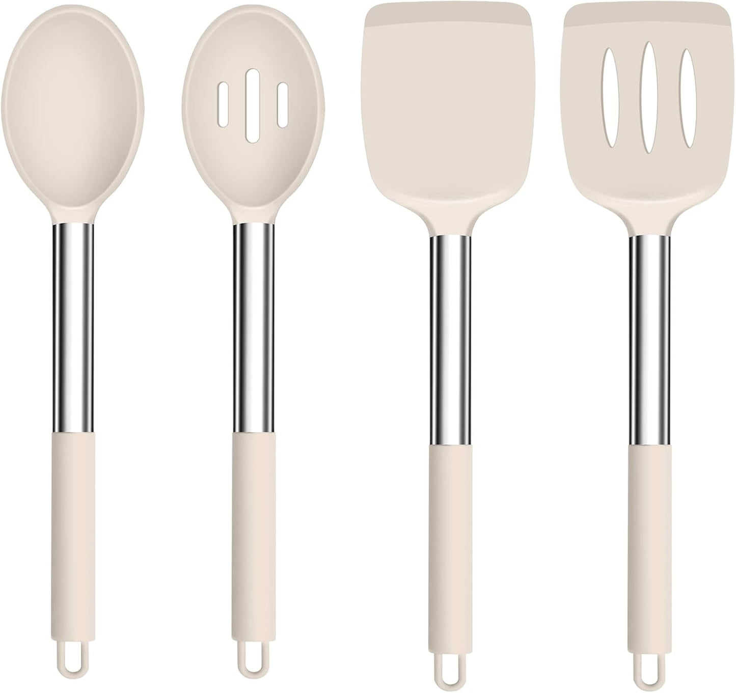 TeamFar Kitchen Utensils, 4 PCS Silicone Cooking Utensils Spatula Spoon Set with Stainless Steel Handle, for Frying Mixing Draining Turning, Healthy & Heat-proof, Non-stick & Dishwasher Safe - Black