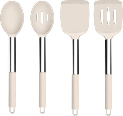 TeamFar Kitchen Utensils, 4 PCS Silicone Cooking Utensils Spatula Spoon Set with Stainless Steel Handle, for Frying Mixing Draining Turning, Healthy & Heat-proof, Non-stick & Dishwasher Safe - Black
