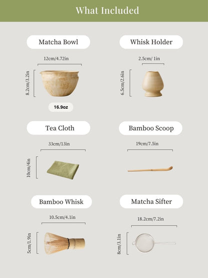 6-pcs Japanese Matcha Whisk Set with Handmade Wabi-Sabi Ceramic Bowl(Chawan),Bamboo Chasen, Whisk Holder, Scoop, Sifter & Tea Towel,Matcha Ceremony Kit,(Sandstone Reactive Glaze)