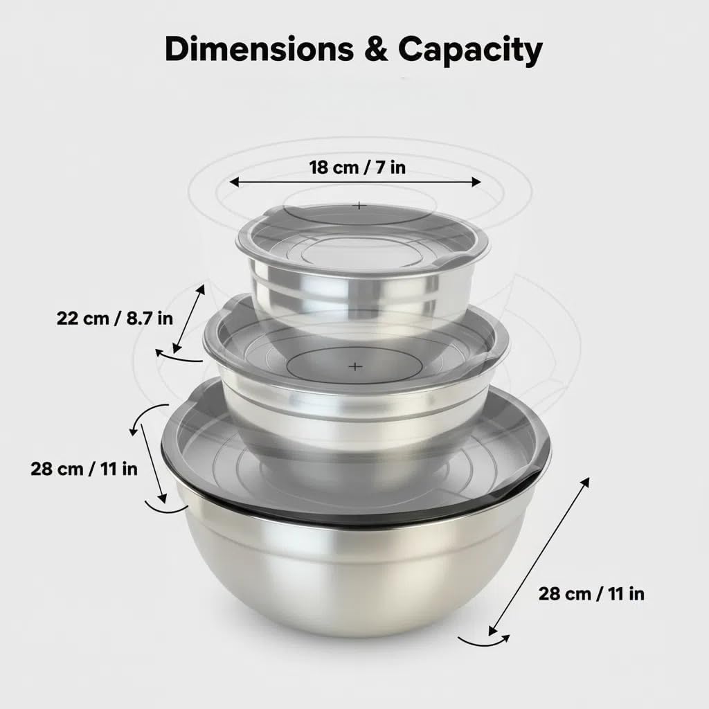 Mixing Bowls with Lids Set of 3 - Stainless Steel Nesting Bowls (1.5, 2.5, 5 QT) with Food-Grade TPE Lids, BPA-Free, Airtight & Durable for Baking, Meal Prep