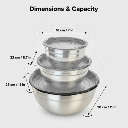 Mixing Bowls with Lids Set of 3 - Stainless Steel Nesting Bowls (1.5, 2.5, 5 QT) with Food-Grade TPE Lids, BPA-Free, Airtight & Durable for Baking, Meal Prep