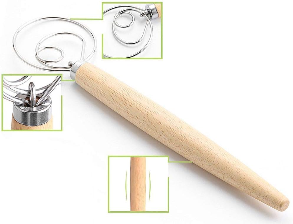 Danish Dough Whisk 13.5” Dough Whisk Stainless Steel Dutch Style Bread Whisk Wooden Handle Danish Whisk for Bread, Batter, Cake, Pastry. Great alternatives to a blender, mixer or hook（2 Pack）